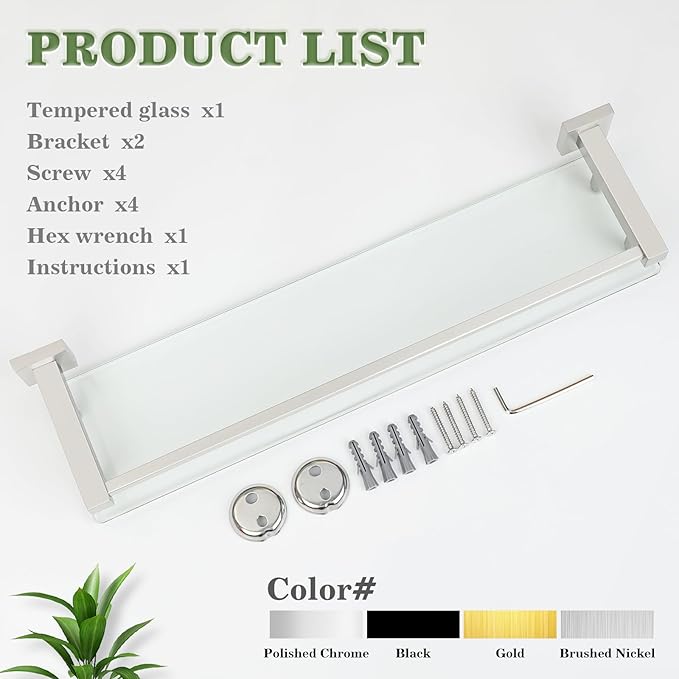 Alise Bathroom Shelves,Brushed Nickel Glass Shelf for Bathroom, Modern Floating Shelves,20 inch