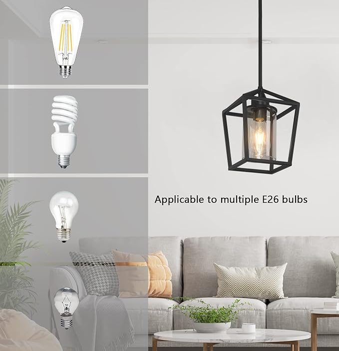 1 Pack Black Pendant Light Fixture Farmhouse Iron Cage Metal Pendant Light Lantern Hanging Light Fixtures with Clear Glass Shade for Kitchen Island, Dining Room, Hallway,Entryway1