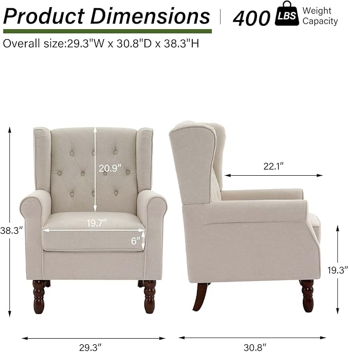 Accent Chair, Upholstered Armchair with Button Tufted High Back & Solid Wood Legs, Comfy Wingback Reading Single Sofa Chair for Small Spaces, Living Room, Bedroom (Beige, Set of 1)