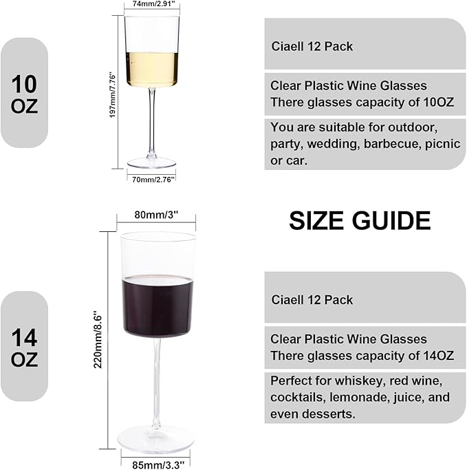 Ciaell 12 Pack Clear Plastic Wine Glasses - 14Oz Plastic Wine Glasses with Stem - Disposable Stemmed Wine Glass for Parties & Weddings & Outdoor
