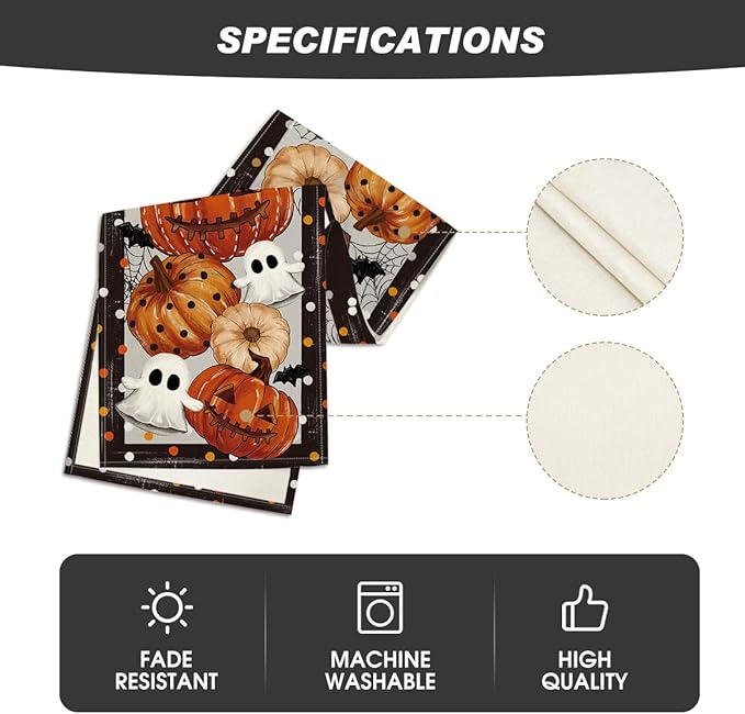 Artoid Mode Jack-O'-Lantern Pumpkin Ghost Spider Web Halloween Table Runner,Holiday Kitchen Dining Table Decoration for Home Party Decor 13 x 48 Inch