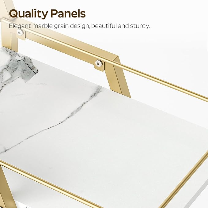 Bar Cart, Gold Bar Cart for The Home, Small Bar Cart on Wheels, Beverage Cart, Home Bar Serving Cart with Glass Holder, Drink Cart for Bar, Kitchen, Dining, Marble White and Gold BC03DW