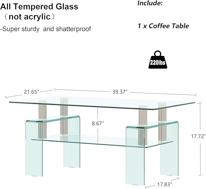 Glass Coffee Table for Living Room, Modern Rectangle All Tempered Glass Table 8mm Clear Transparent Top Home Furniture for Small Space Bearing 220LB