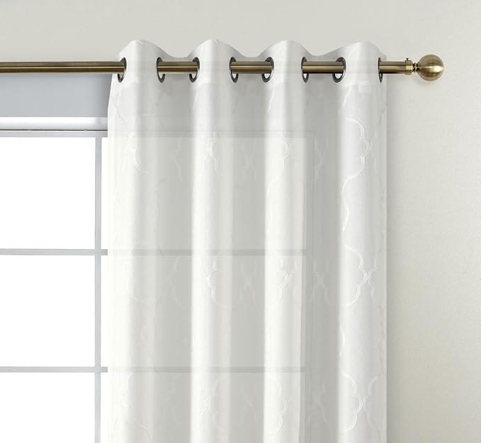 MIUCO Moroccan Embroidered Semi Sheer Curtains Faux Linen Grommet Curtain Panels for Living Room 52 x 95 Inch 1 Pair, Off White