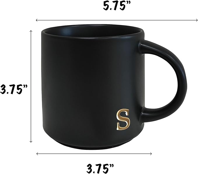 COLLECTIVE HOME - Black Monogram Ceramic Mugs, 15 oz Golden Initial Coffee Cups, Elegant Alphabet Tea Mugs, Personalized Halloween Mug with Gift Box, Perfect for Office and Home Décor (s)