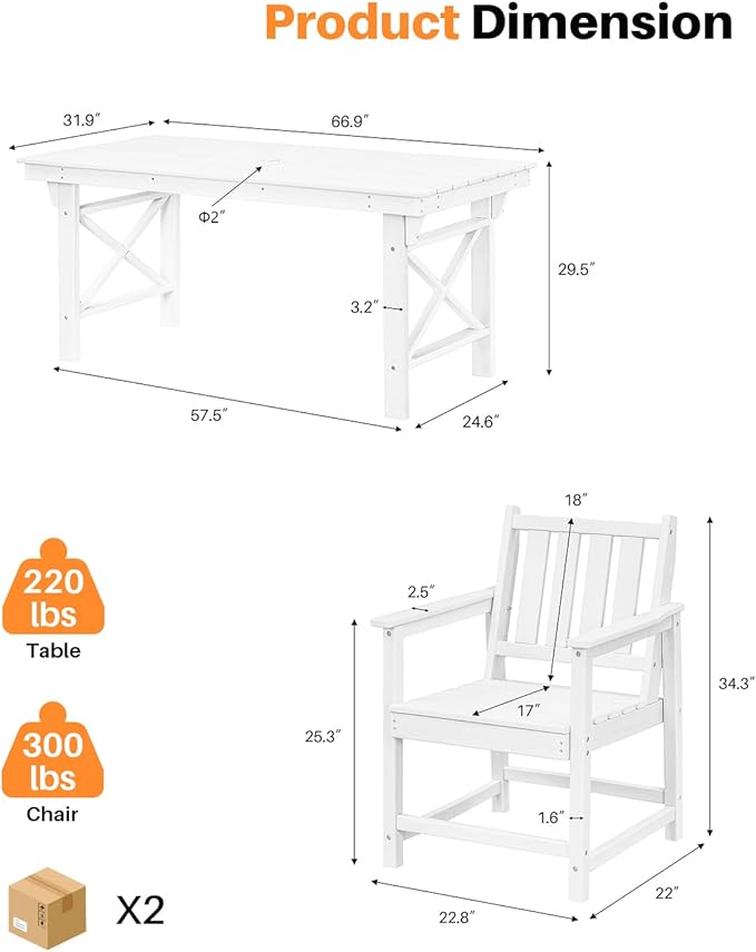 7 Pieces HDPE Outdoor Dining Set, Patio Dining Set with Umbrella Hole, All Weather Outdoor Dining Table Sets for 6, HDPE Patio Furniture Sets for Deck, Backyard, Lawn, and Poolside, Pearl