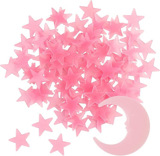 100 Stars and 1 Moon Glow in The Dark Luminous Fluorescent 3D Plastic Glow Stars Moon for Ceiling, Glowing Wall Stickers Create a Realistic Starry Sky, Room Decorations (Pink)