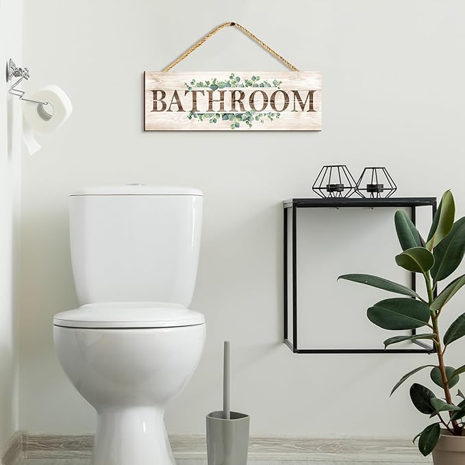 Bathroom Kitchen Laundry Pantry Sign Wall Decor 4 Piece, Wall Art with Plant Print, Rustic Farmhouse Wall Hanging Plaque Home Kitchen Decorative Bathroom, 4.7 x 13.7 inches