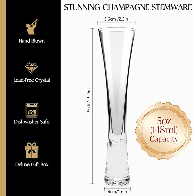 Champagne Flutes Set of 2, Hand Blown Crystal Champagne Glasses, Modern Unique Design, Lead-Free Prosecco Flutes, Elegant Toasting Glasses Gift for Wedding, Anniversary, Birthday, Christmas