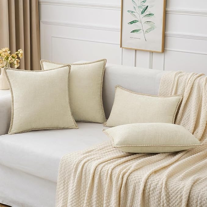 MIULEE Pack of 2 Christmas Pillow Covers 12x20 Inch Cream White Farmhouse Decorative Throw Pillow Covers with Stitched Edge Soft Chenille Solid Dyed Couch Pillow Covers for Sofa Bed Living Room