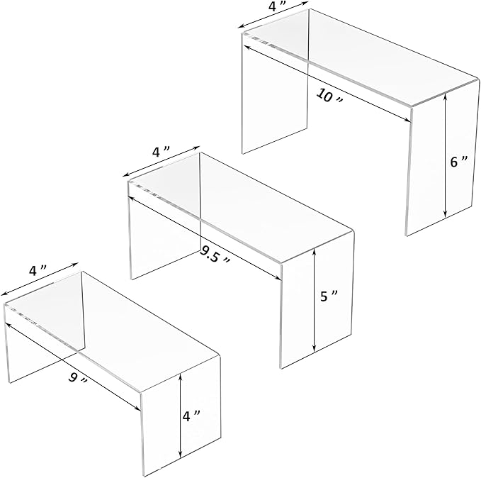 9x9.5x10 Inch Clear Display Risers Shelf 3pcs, Countertop Rectangular Acrylic Display Stands for Funko Pop Figure, Bags, Collectibles