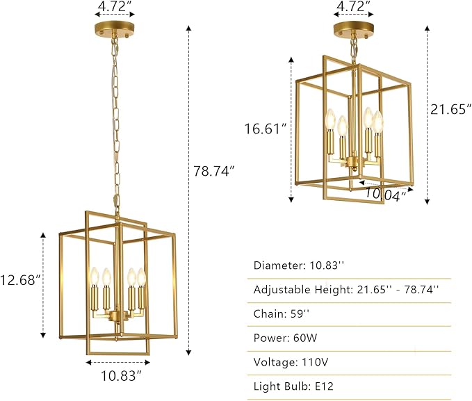 Farmhouse Gold Chandelier, 4-Light Vintage Chandeliers for Dining Room, Adjustable Modern Rustic Metal Hanging Pendant Light Fixture for Entryway Foyer Kitchen Island Hallway