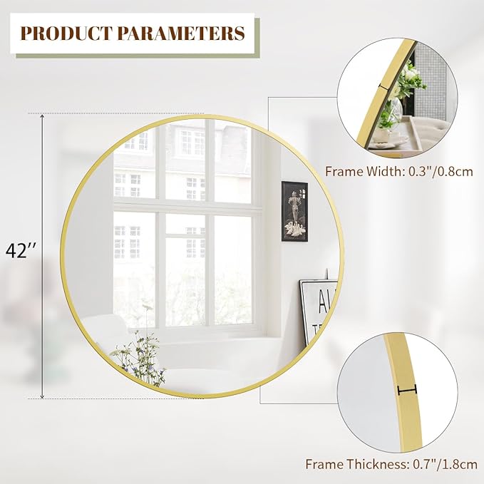 BEAUTYPEAK 42 Inch Round Mirror, Metal Frame Circle Mirror, Wall Mounted for Entryway, Bathroom, Vanity, Living Room, Gold