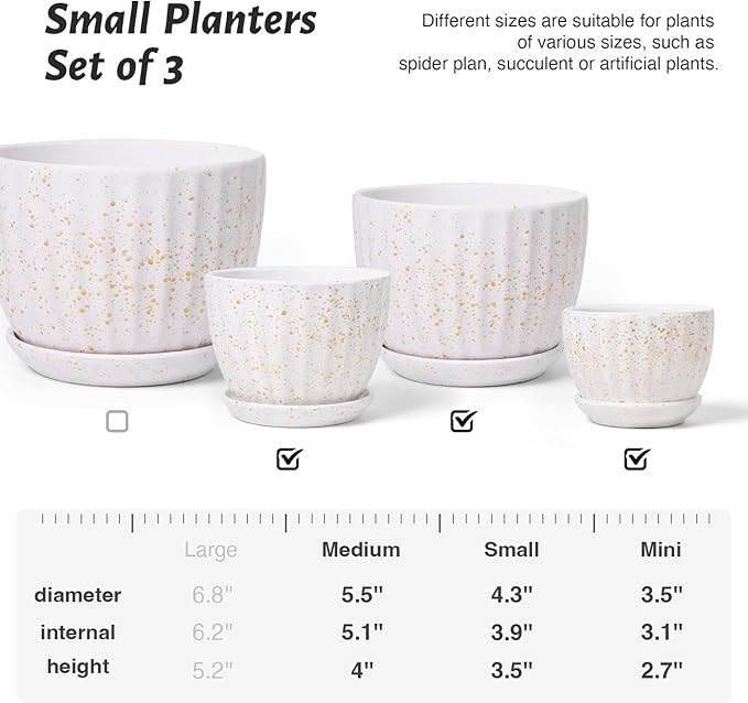 Ceramic Plant Pots with Drainage Holes and Saucers, Round Flower Pots for Indoor Plant, Diameter 3.3/4.3/5.5 Inches Small Flower Planters Set of 3