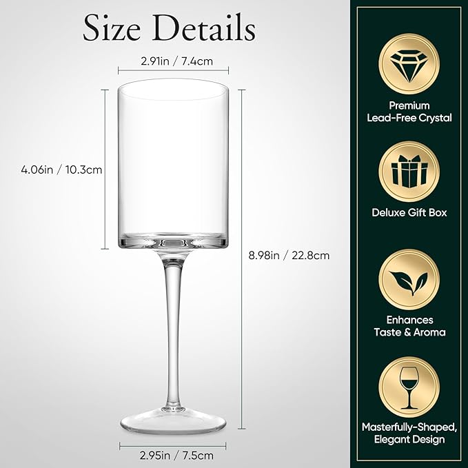 Premium Crystal Wine Glasses - Hand Blown, Thin Rim, Long Stem, Square Unique Design - Set of 4, 15oz - Perfect for Men or Women, Wedding, Anniversary, Christmas, Birthday Gift