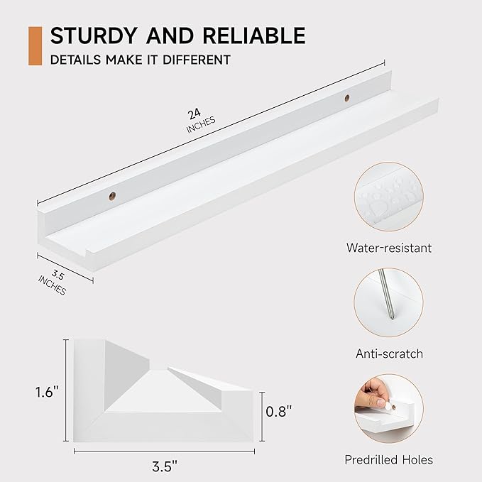 Fun Memories Picture Ledge Shelf, 24 Inch Floating Shelves Set of 2, Nursery Book Shelves for Toys Storage, Kids Bookshelf Wall Mounted for Wall Decor Books Photo Frames, White