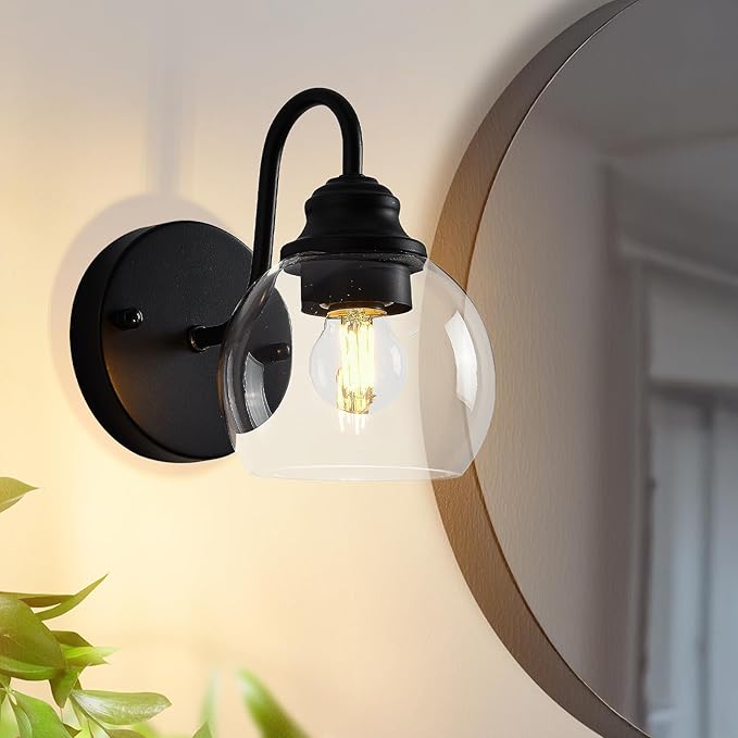 Farmhouse Gooseneck Wall Sconces Set of Two, Bathroom Vintage Black Vanity Light, Rustic Indoor Wall Light Fixtures with Clear Glass for Bathroom Beside Mirror Living Room Hallway