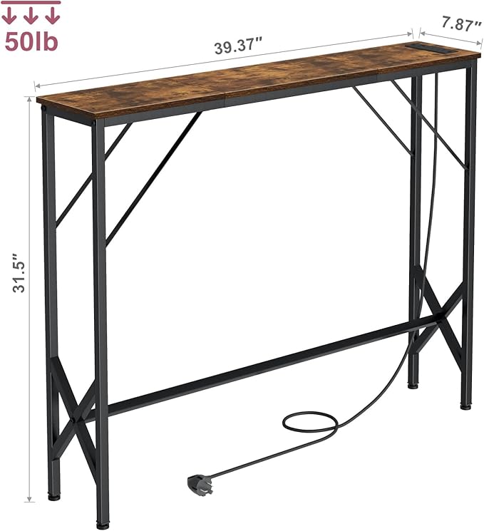 39.4" Console Table, Skinny Entryway Table with Fast-Charging Station, Narrow Long Sofa Table, Behind Slim Couch Table for Entrance, Hallway, Living Room Decor ST-BR100-1