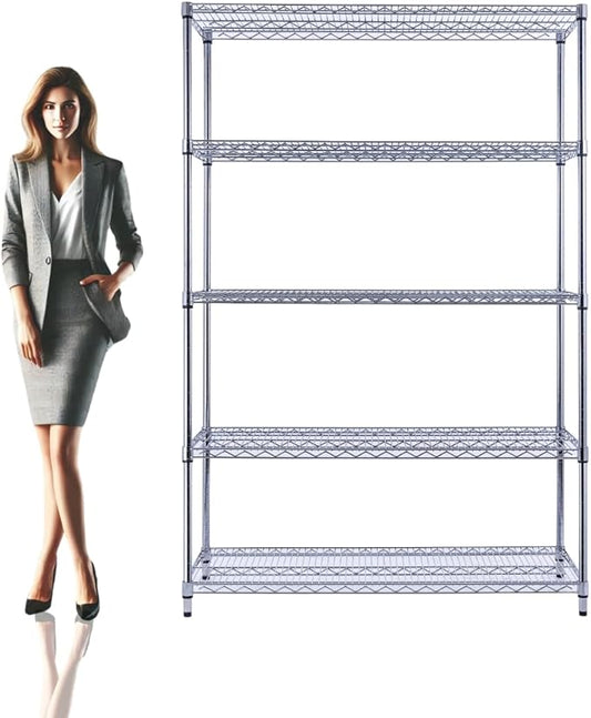 48"x18"x72" Chrome 5-Tier PREMIUM Wire Shelving NSF 4000 LBS MAX CAPACITY Heavy Duty Steel Storage Rack for Warehouses, Garages, Hospitals, Commercial Spaces, & Schools w/PREMIUM WHEELS