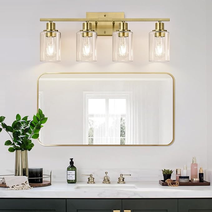 4 Light Bathroom Light Fixtures, Brass Vanity Lights for Bathroom with Clear Glass Shades, Modern Bathroom Wall Sconces for Mirror Living Room Cabinet