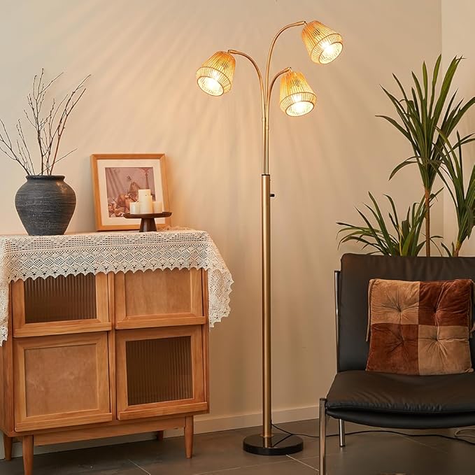 Gold Rattan Floor Lamp for Living Room, 72 Inch Tall Boho Floor Lamp with Rotary Switch, 3 Lights Arc Lamp with Wicker Shade for Coastal,Bohemian,Modern,Tree Farmhouse Standing Lamp