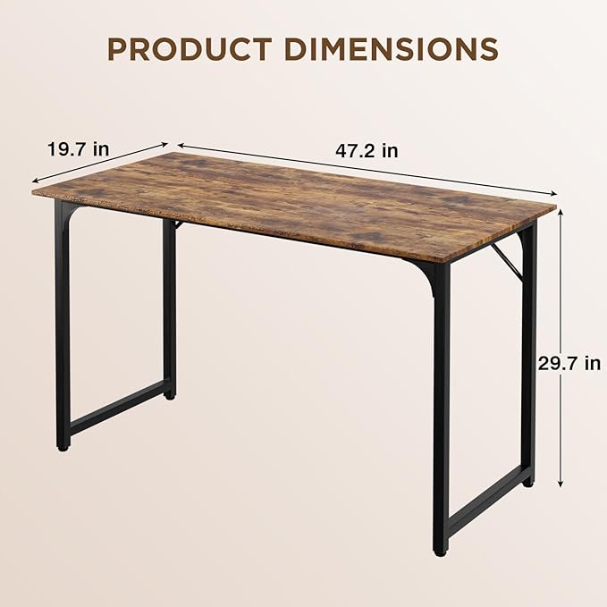 PayLessHere | 47 Inch Computer Desk | Brown | Office Desk with Metal Frame, Adjustable Feet | Water-Resistant, Scratchproof Surface | Sturdy Writing Table for Home Office or Study | Pack of 1
