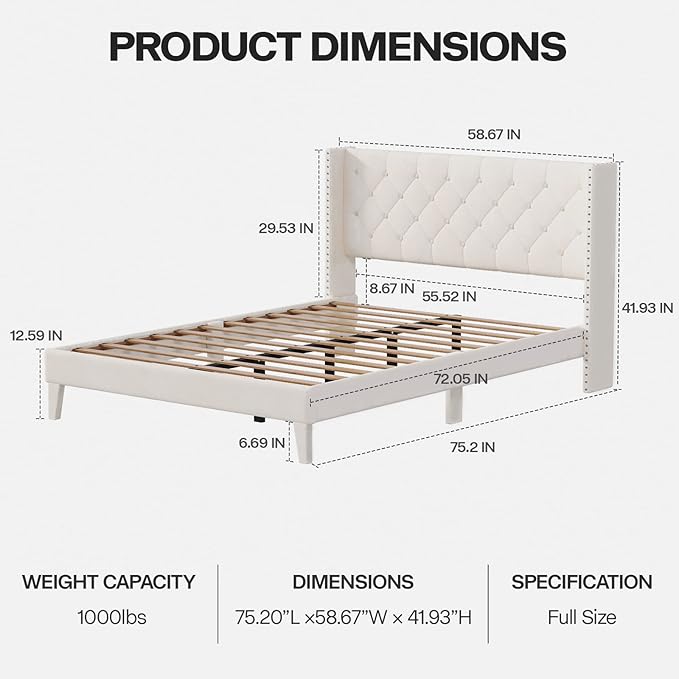 Full Size Bed Frame with Wingback Headboard, Upholstered Platform Bed Frame with Diamond Tufted Headboard & Lights, Wood Slat, Easy Assembly, Noise-Free, No Box Spring Needed, Beige