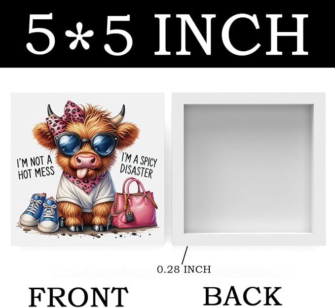 Funny Cute Highland Cow Baby Decor, Cow With Pink Bow, Highland Cow Gifts for women, Western Highland Cow Nursery Decor, Wooden Box Decor Sign for Home Farmhouse Office Living Room Table Shelf