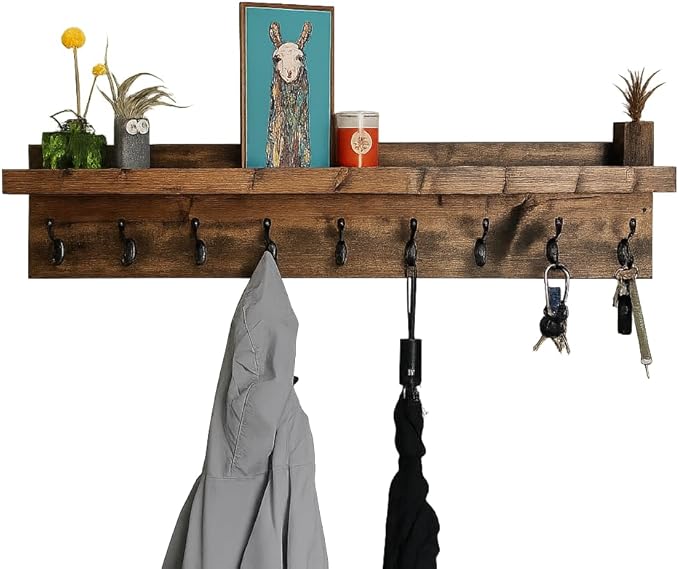 Coat Rack with Shelf Wall Mounted with Storage (Choose Your Length) Towel Rack Entryway Organizer Key Hooks (36" L (9 Hooks))