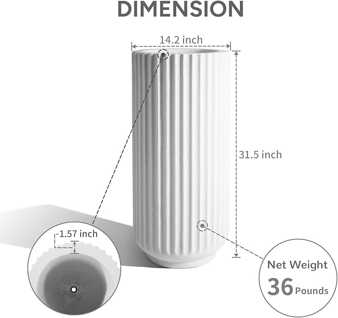 31.5 Inch Tall Roman Column Concrete Planter（14.2Dx31.5H，36 Pounds）,Durable All-Weather Use with Drainage Holes,Large Tall Round Planter for Outdoor Indoor Plants