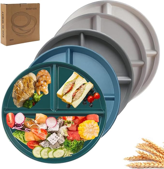 9" Unbreakable Divided Plates Set of 5, Wheat Straw Plate Reusable Dinnerware Portion Control Plate, Round Bariatric Plastic Plate for Kids Adults, BPA-free, Dishwasher Safe