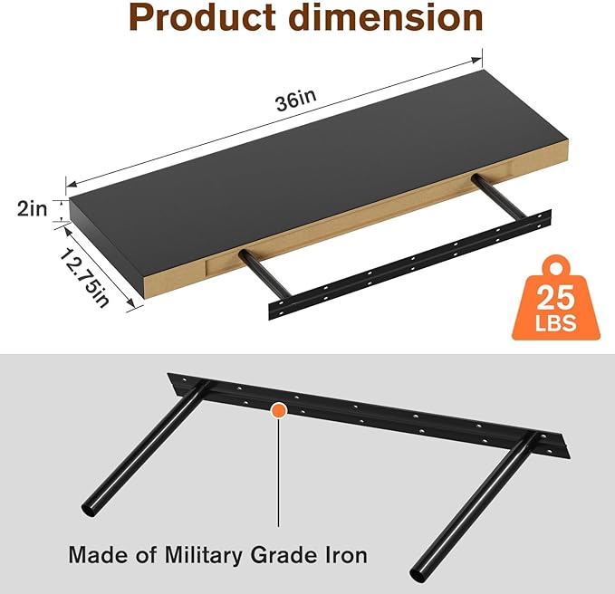 Floating Shelf, Set of 2 Wall Shelf, 36 in W x 12.75 in D x 2 in H Wooden Floating Wall Shelf with Invisible Brackets for Living Room/Bedroom/Bathroom/Kitchen Storage and Decor, Black