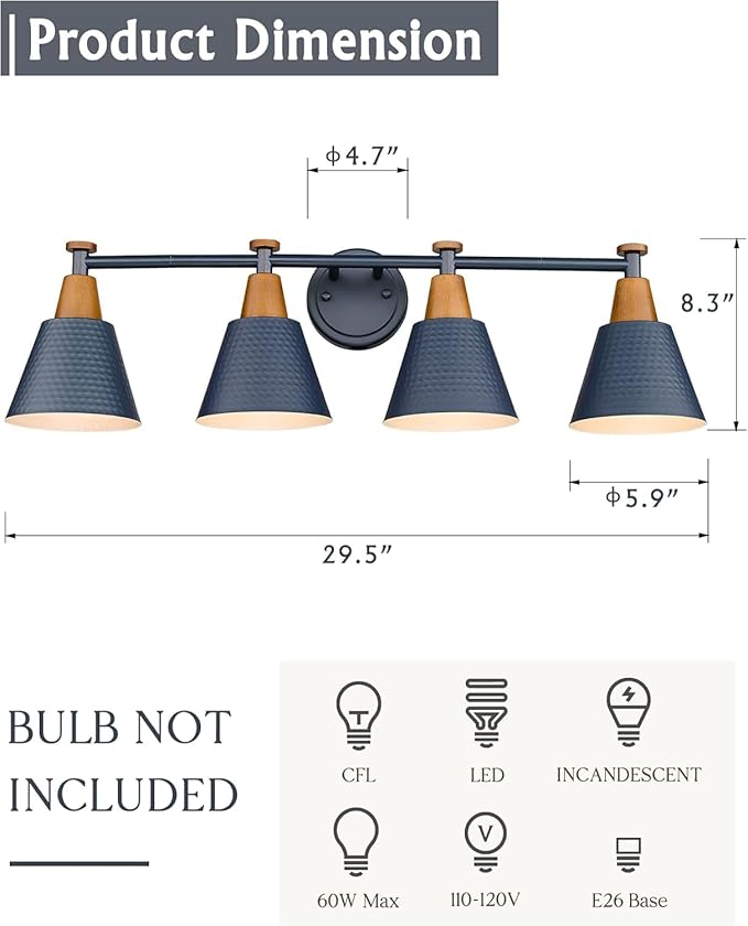 FEMILA 4-Light Bathroom Light Fixtures, Farmhouse Modern Vanity Lights Wall Lamp with Hammered Metal Shade Finish, Dark Blue, 4FG59B-4W Blue