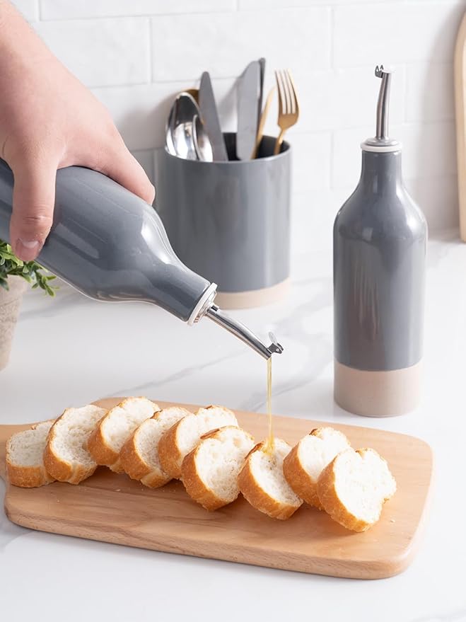 famiware Milkyway 16oz Ceramic Olive Oil Dispenser Bottle, Olive Oil and Vinegar Dispenser Bottle Set of 2 with Stainless Steel Pourers, Suitable for Storage Vinegar, Liquids, White and Dark Gray