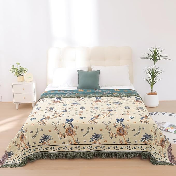 Boho 100% Organic Cotton Large Throw Blanket 50" x 60" - All Season Rustic Ultra Soft Breathable Floral Bird Blanket for Bed Sofa Couch Chair Bedspread Quilt Gift-Teal,Beige