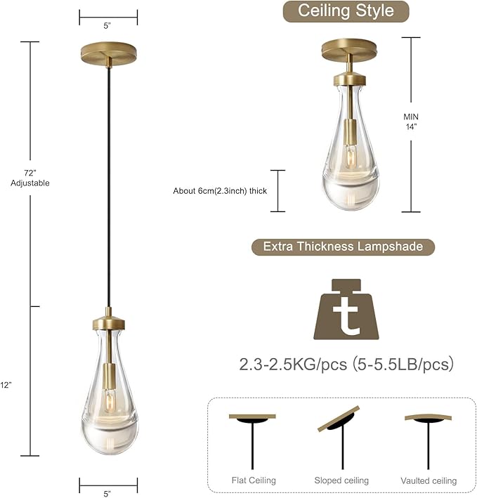Raindrop Pendant Lights, Pendant Lights Kitchen Island, Brass Base Hanging Light Dining Room Light Fixture, Handblown Clear Kitchen Chandelier, Rope Pendant Lights for Living Room Hallway,E12 Bulb