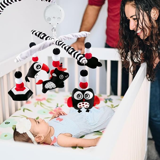 Montessori Mobile Baby for Crib,Black and White Baby Crib Mobile with Music for Boys & Girls,High Contrast Hanging Crib Toys, Newborn Visual Stimulation to Engage