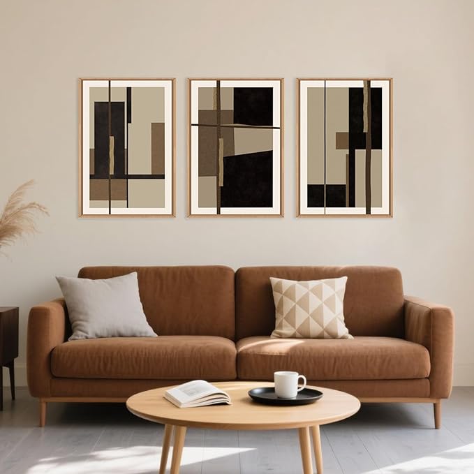 Abstract Shapes Framed Canvas Wall Art Set, Mid-Century Black Polygon Wall Decor, Black Brown Irregular Painting, Neutral Modern Art Print for Living Room, Dining Room, Office - 16"x24"x3