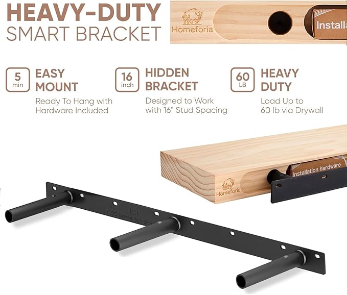 Homeforia Wood 48 inch Floating Shelf, High End Solid Natural Wood 48inch Floating Shelves for Wall Mounted, Unfinished Wooden Large Floating Shelves, Heavy Duty Bracket, 48 X 6.5 X 1.75 in, Set of 2