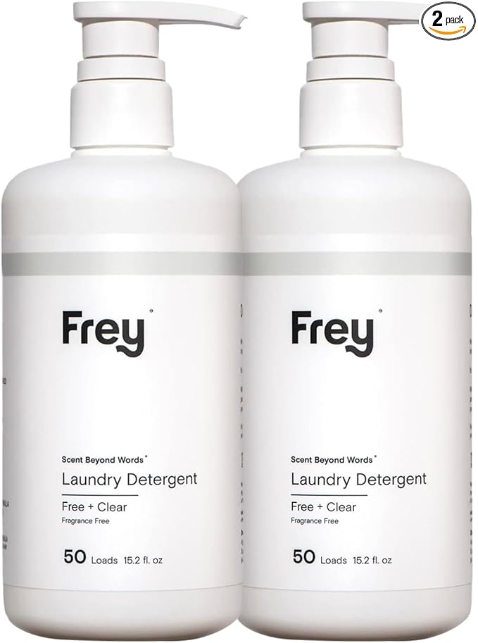 FREY Concentrated Liquid Laundry Detergent | Formulated for Sensitive Skin & HE Washers | Removes Stains Effectively | 50 Loads per Bottle (2-pack Unscented)
