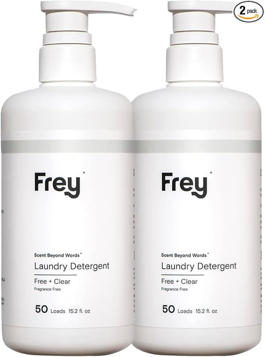 FREY Concentrated Liquid Laundry Detergent | Formulated for Sensitive Skin & HE Washers | Removes Stains Effectively | 50 Loads per Bottle (2-pack Unscented)
