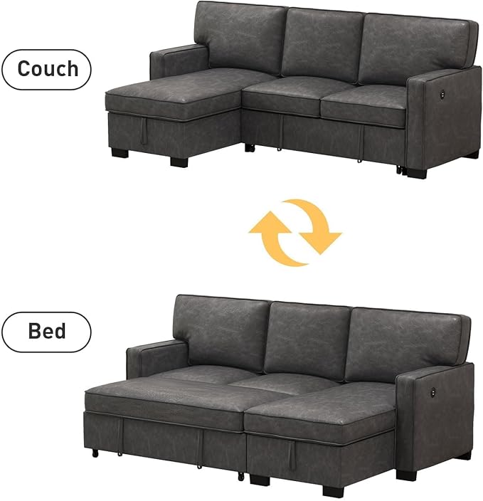 EBELLO Convertible Sleeper Sofa 3 in 1, Faux Leather Modern L-Shaped Couches for Living Room, Pull Out Sectional Futon Sofa Bed with Storage Space, USB Ports and Cup Holders for Bedroom