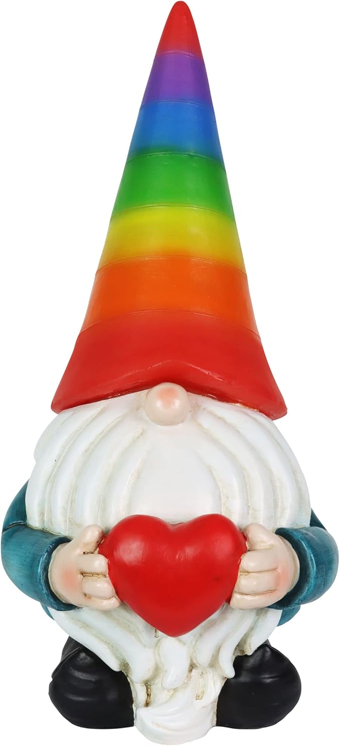 Exhart Garden Gnome, Solar Garden Gnome Statue with Heart, LED Rainbow Hat, Cute Outdoor Garden Decoration, 6 x 12.5 Inch, Multicolor, Resin