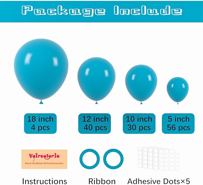 130pcs Peacock Blue Balloons Different Sizes 18" 12" 10" 5" Teal Blue Latex Balloon Garland Arch Kit for Birthday Baby Shower Graduation Wedding Gender Reveal Anniversary Party Decorations