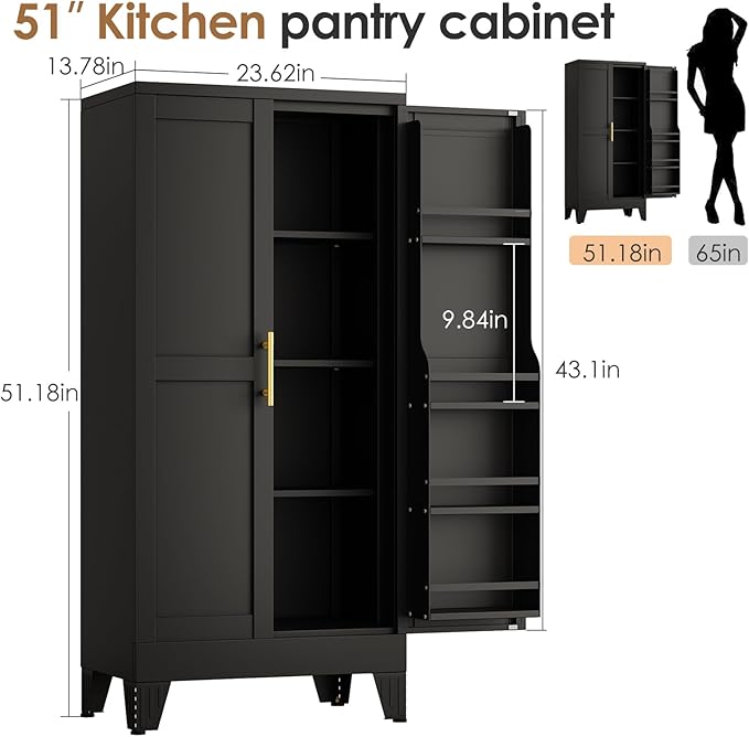 51" Kitchen Pantry Cabinet, Metal Storage Cabinet with 3 Adjustable Layer Shelves, 8 Door Shelves, Buffet Sideboard for Living Room, Kitchen, Black