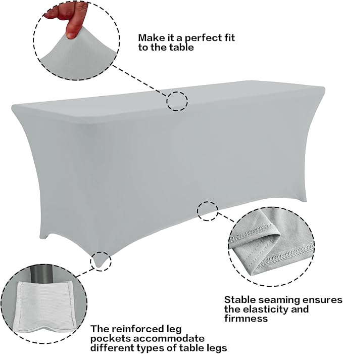 IVAPUPU 6FT Table Cloth for Rectangular Fitted Events Stretch Grey Table Covers Washable Cover Spandex Tablecloth Protector for Party, Wedding, Cocktail, Banquet, Festival