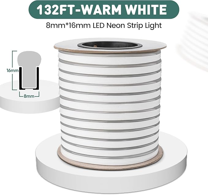 GZBtech Flexible LED Neon Rope Lights 132FT,AC 110-120V Waterproof Strip Light, 120 LEDs/M Cuttable Connectable Neon Lighting for Indoor Outdoor Home Decor/Commercial Building Use-Warm White 40M