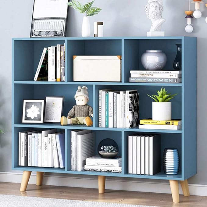 IOTXY Wooden Open Shelf Bookcase - 3-Tier Floorstanding Display Cabinet Rack with Legs, 8 Cubes Free Standing Bookshelf, Bright Blue