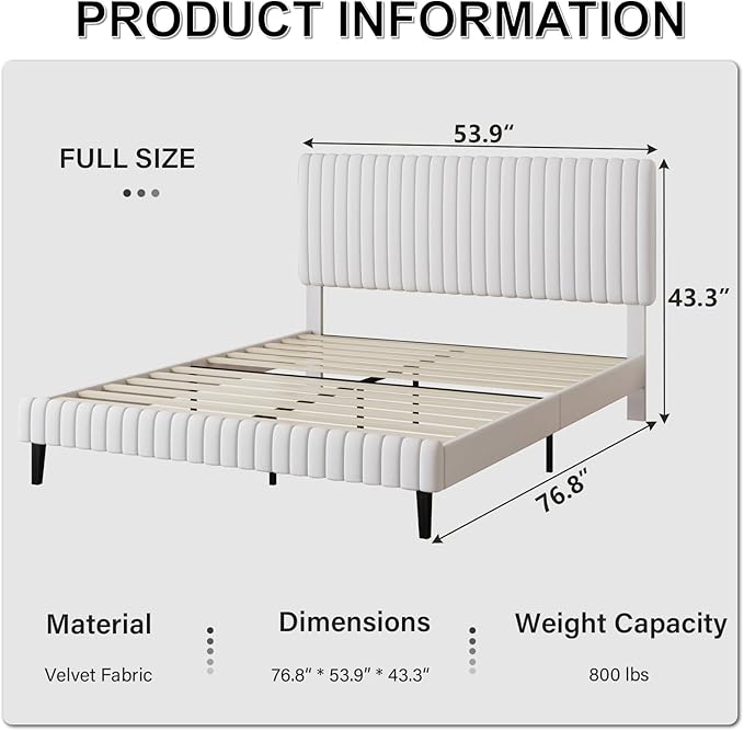 Full Size Bed Frame with Headboard, Velvet Upholstered Platform Bed with Vertical Channel Tufted Design, No Box Spring Required, Easy Assembly, White
