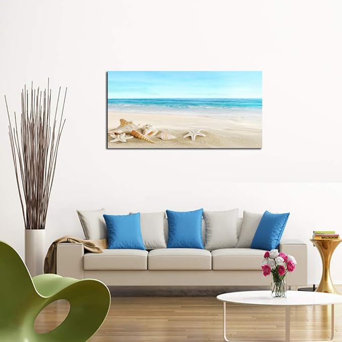 DZL Art S73975 Beach Picture Decor Ocean Painting Canvas Wall Art Prints of Starfish and Seashell on Sandy Seaside Ready to Hang for Living Room Bedroom Office Wall Decor Home Decoration